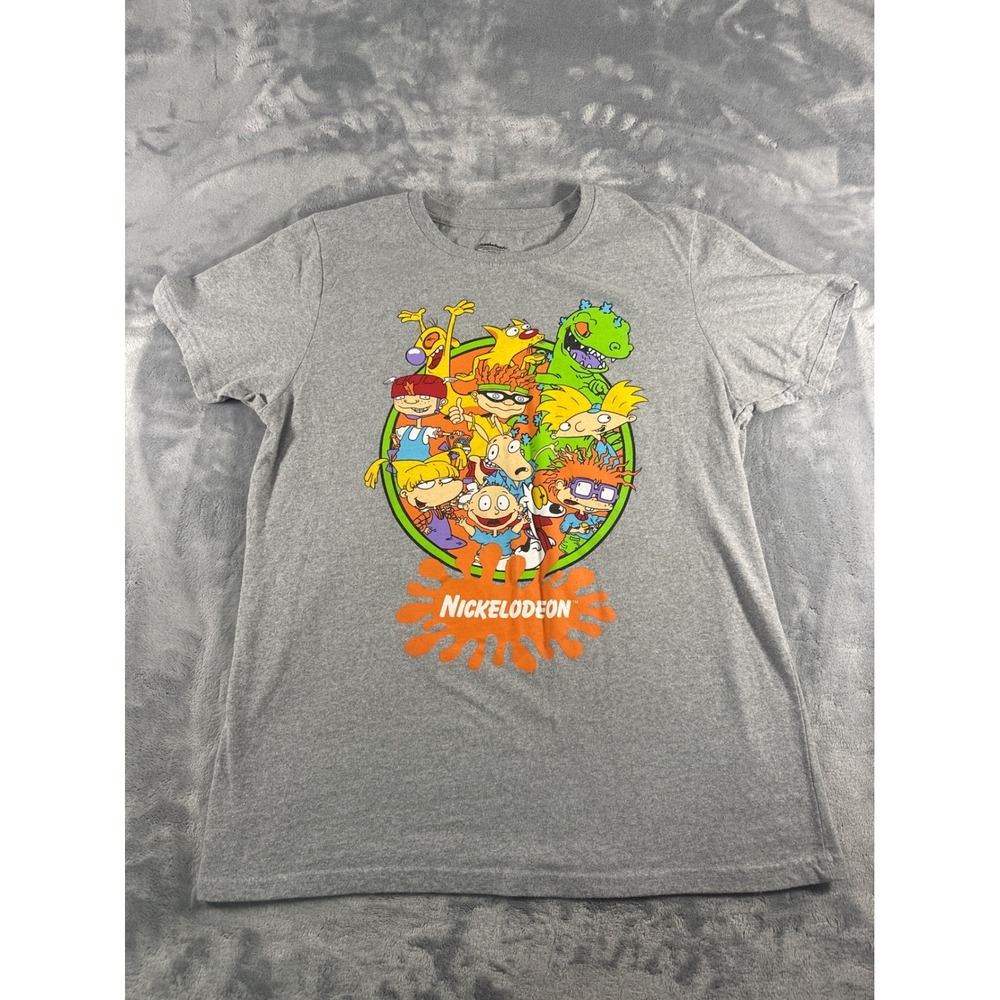 Nickelodeon 90s Cartoon Graphic T-Shirt Gray Rugrats Hey Arnold CatDog Large